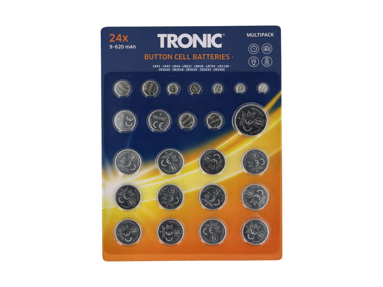 A multipack of 24 button cell batteries in various sizes, ranging from 9-620 mAh.