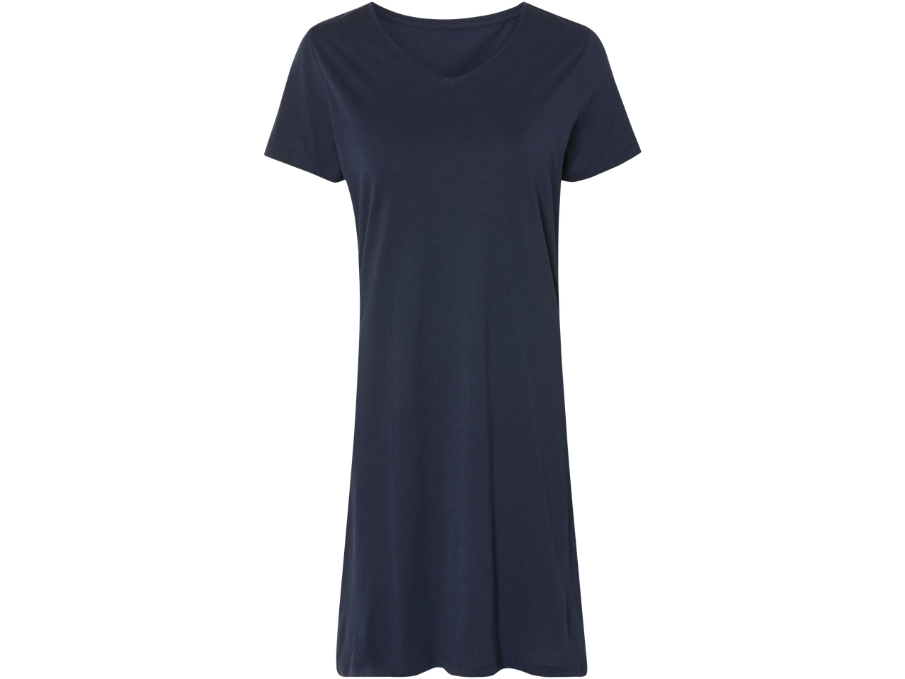 En mörkblå, enkel t-shirtklänning.
