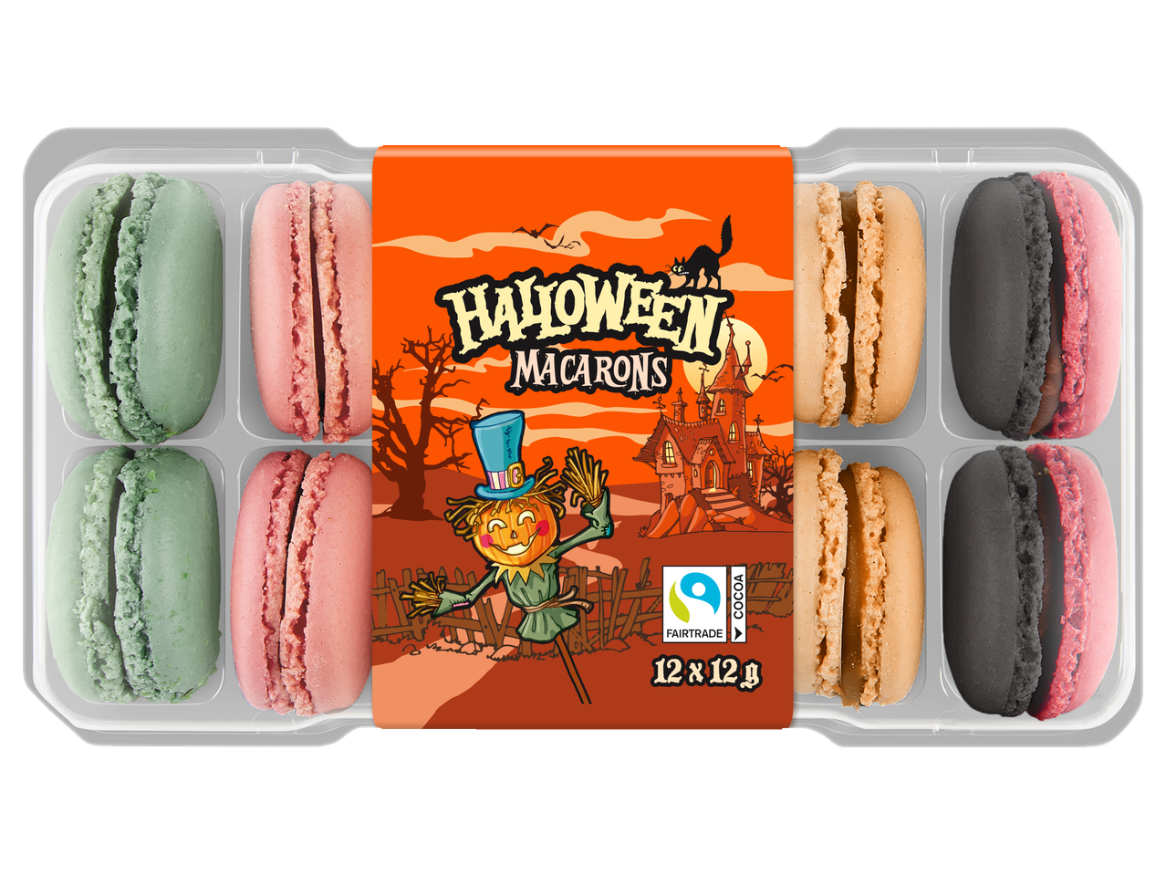 Dėžutė Helovino makaronų su žaliais, rožiniais, smėlio spalvos ir juodais makaronais.