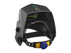 A black Parkside welding helmet is shown from the back, highlighting its adjustable headgear and controls.