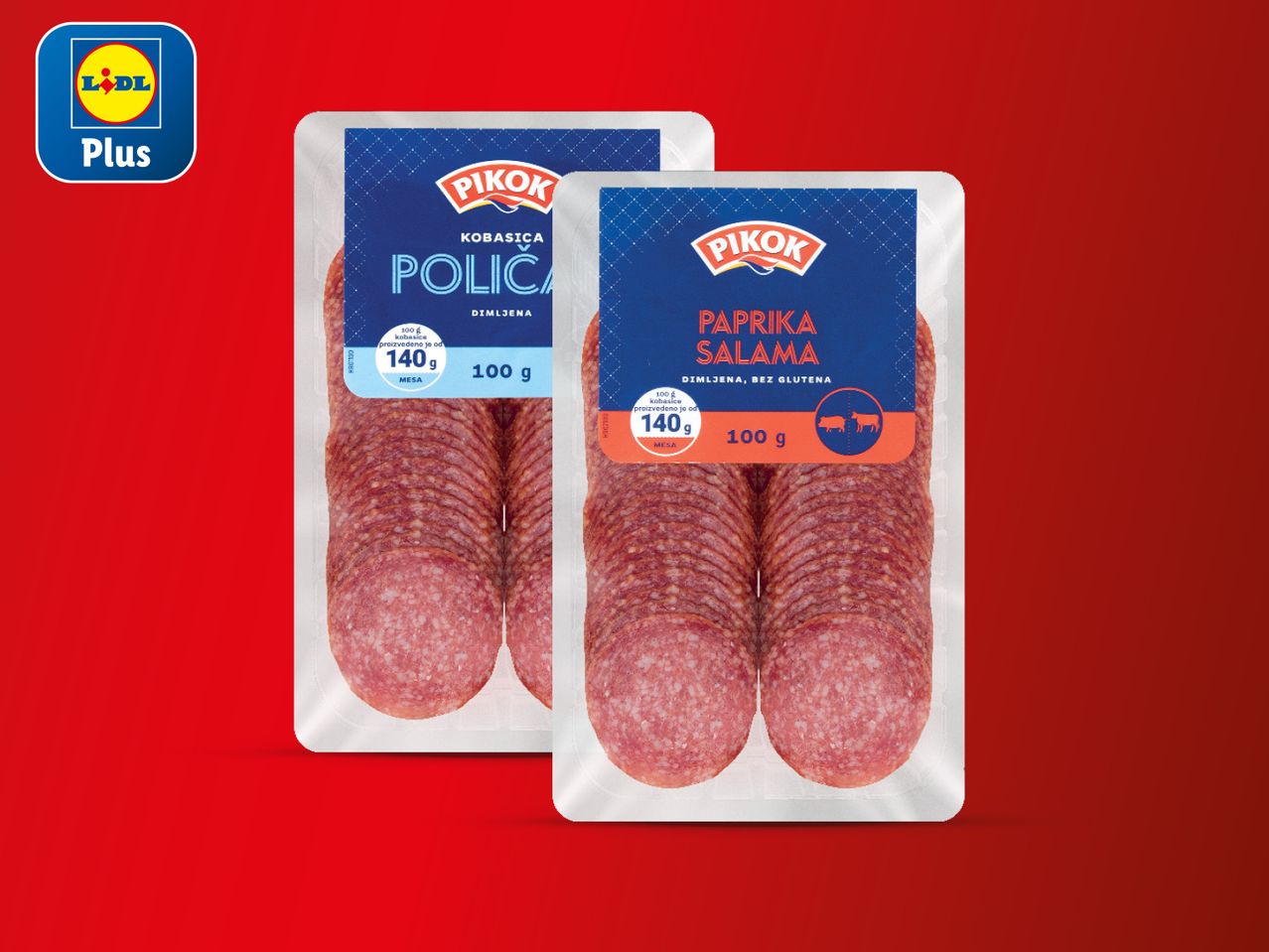 Pakiranja dimljene kobasice Poliča i paprike salame PIKOK marke Lidl Plus.