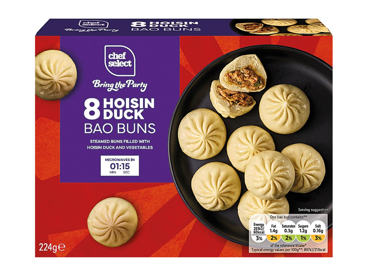 A box of 8 hoisin duck bao buns with a microwave time of 1 minute and 15 seconds.