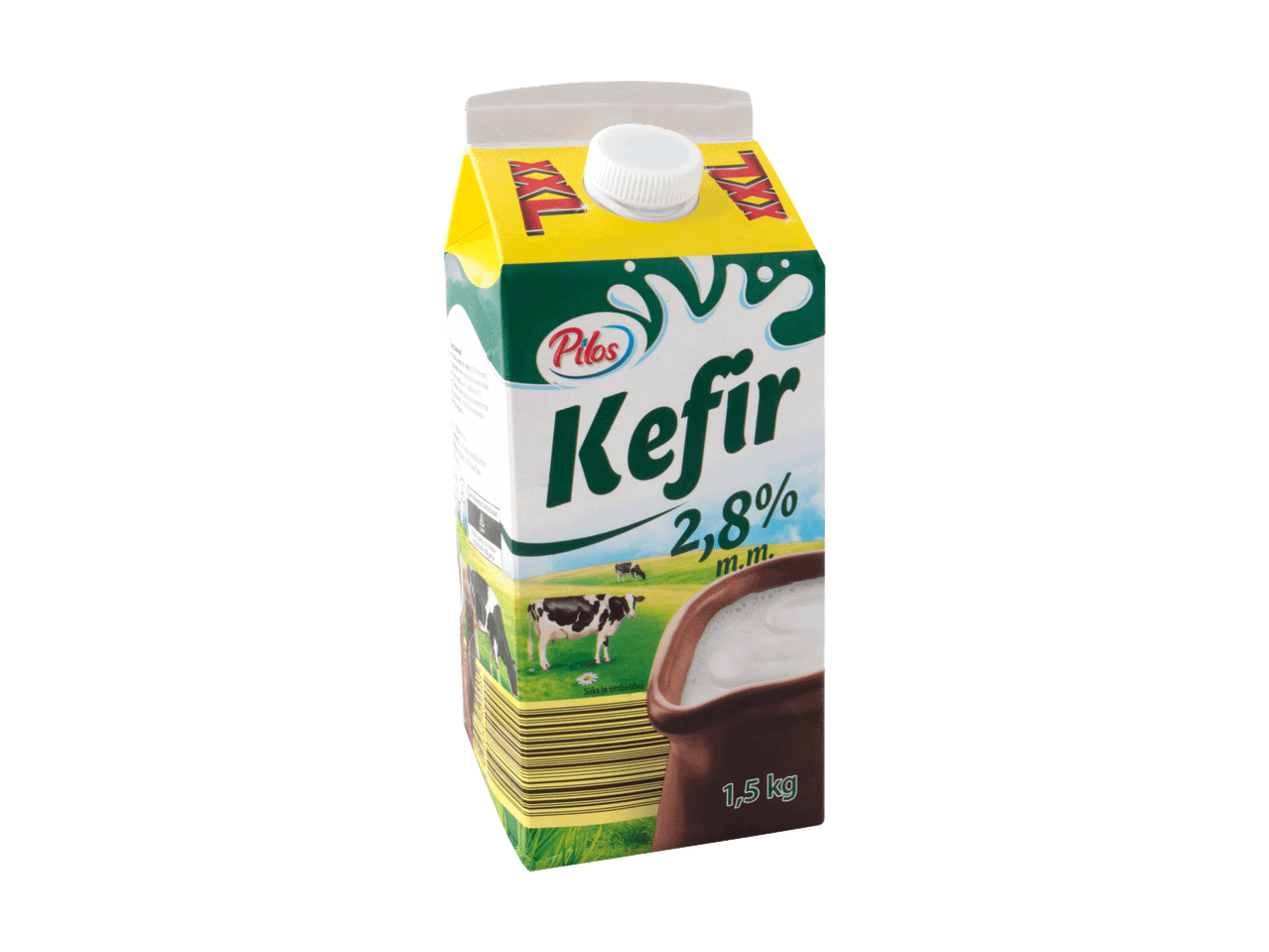 Kefir u kartonskoj ambalaži sa natpisom 'XXL' i 2,8% mlečne masti, 1,5 kg.