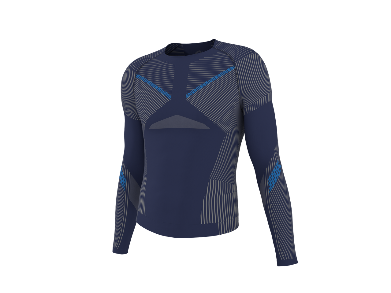 CRIVIT, tumši zils bezšuvju funkcionāls apakškrekls ar garām piedurknēm un ziliem akcentiem.