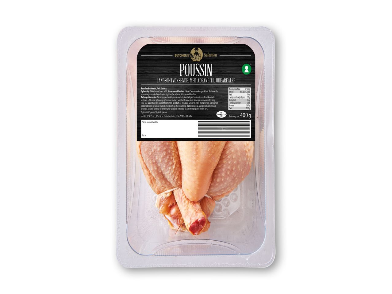 Poussin i bakke med etiket, der viser ernæringsoplysninger og information om produktet.