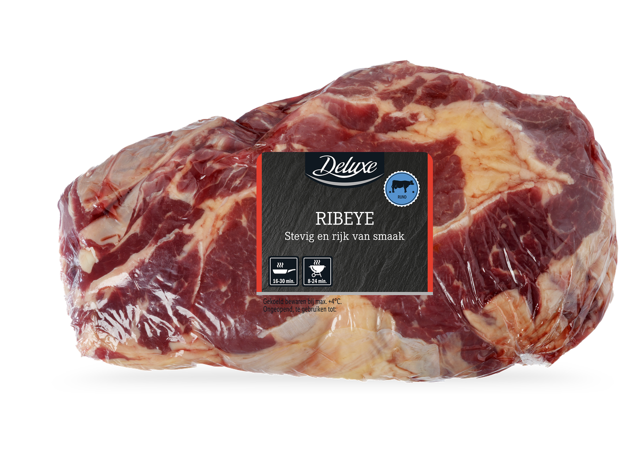 Vacuümverpakte ribeye met een etiket dat de bereidingstijd en bewaarinstructies aangeeft.