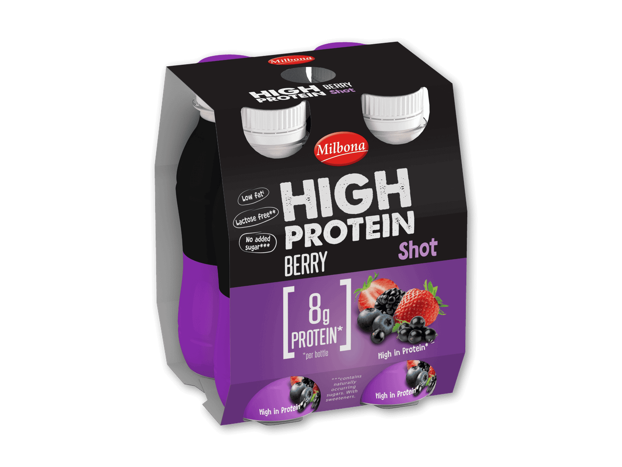 Firepakning med lilla og sorte højprotein-bærshots, der fremhæver 8g protein pr. flaske.