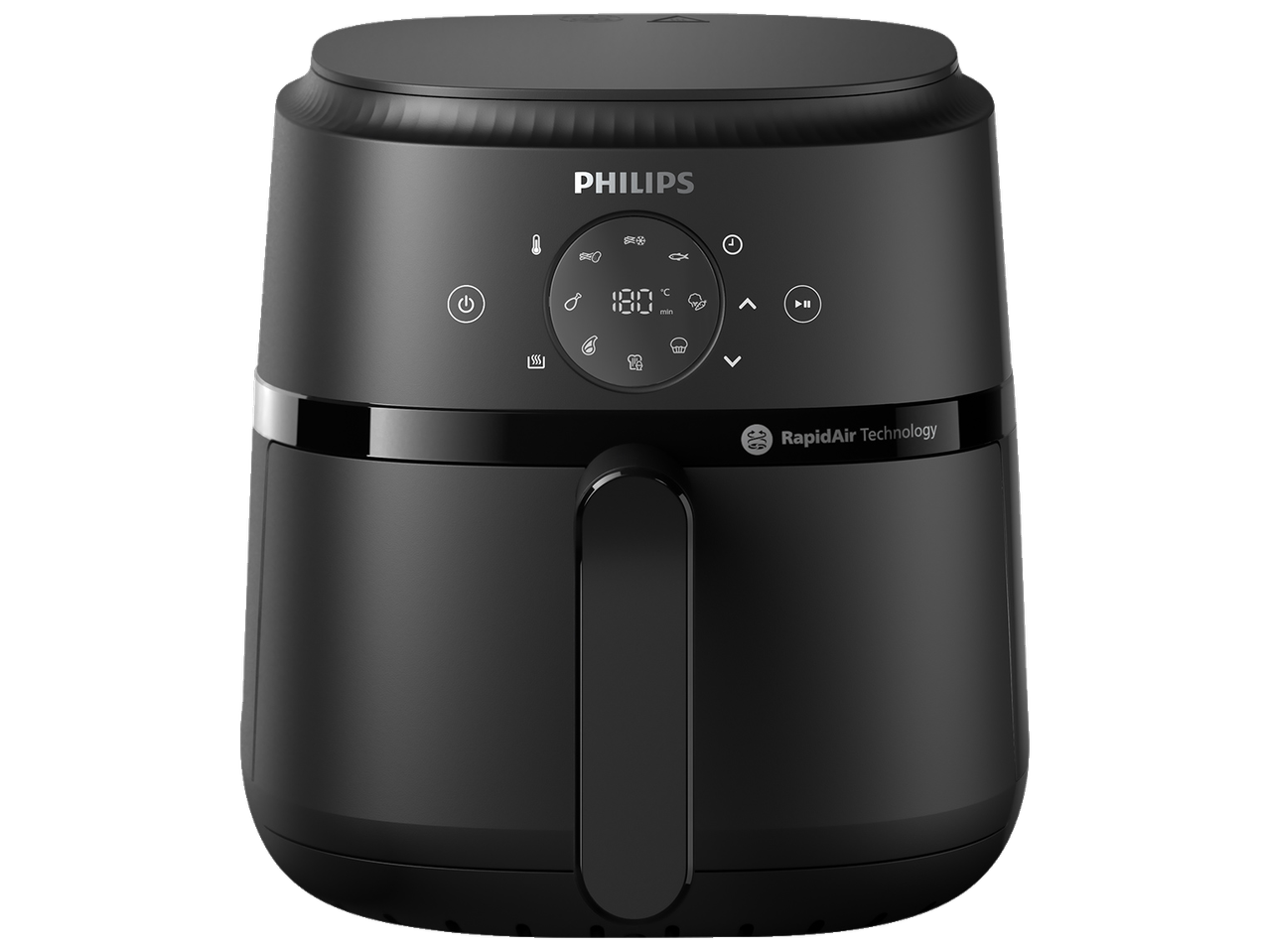 Crna friteza na vrući zrak s digitalnim zaslonom koji prikazuje 180°C i razne načine kuhanja.