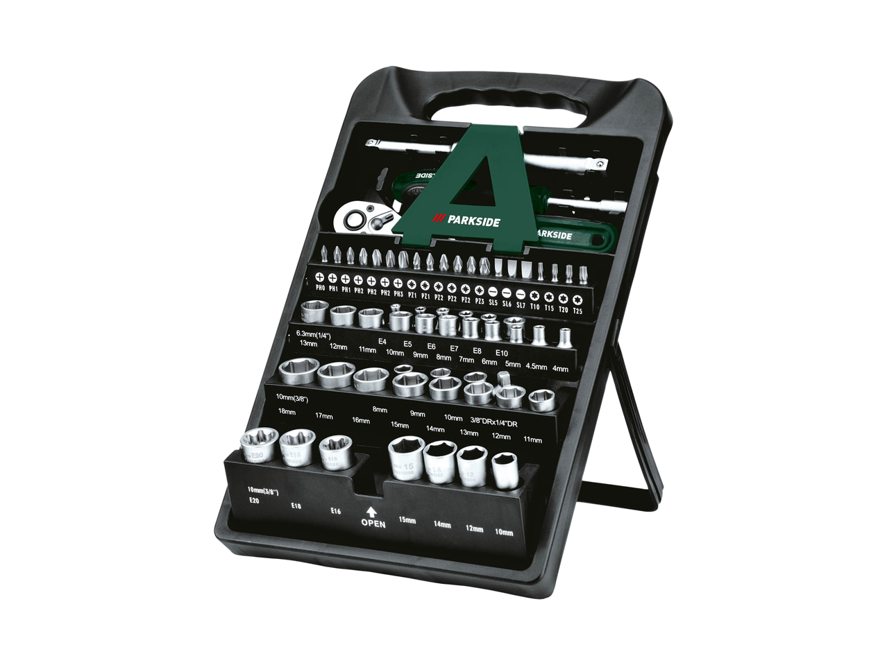 A comprehensive socket and bit set in a black case, featuring various sizes and types of tools.
