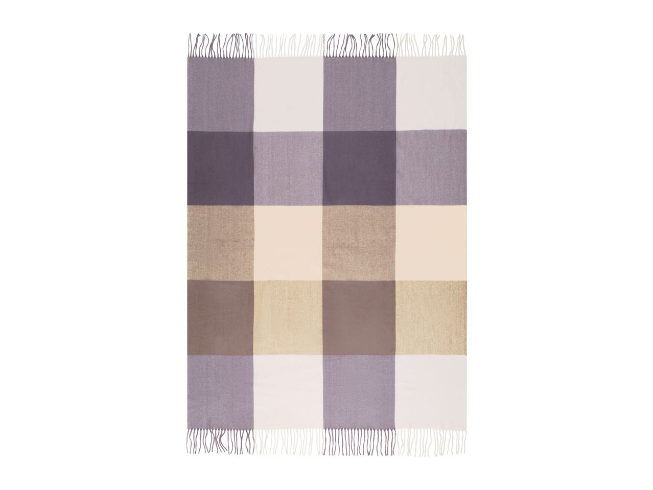 Plaid blanket with fringes in shades of purple, beige, and white.