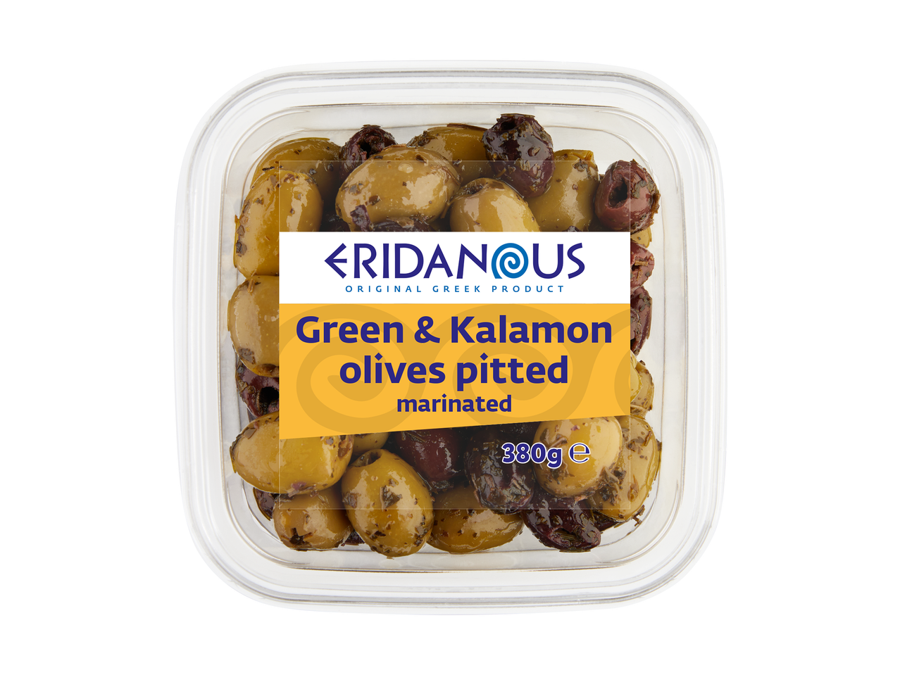 Olives vertes et Kalamon dénoyautées marinées dans un emballage transparent, 380g.