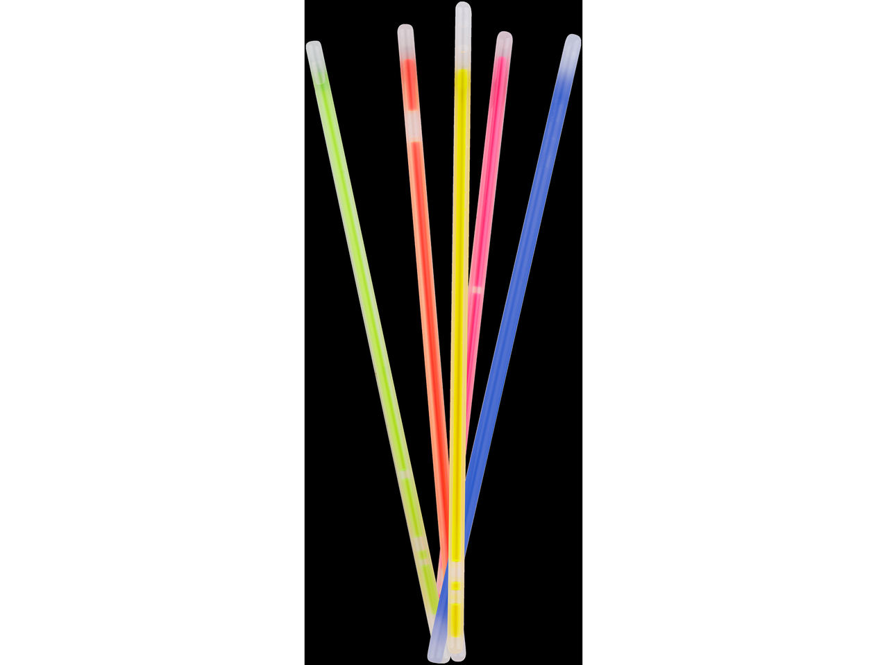 Piecas krāsainas spīdošas nūjas zaļā, sarkanā, dzeltenā, rozā un zilā krāsā.
