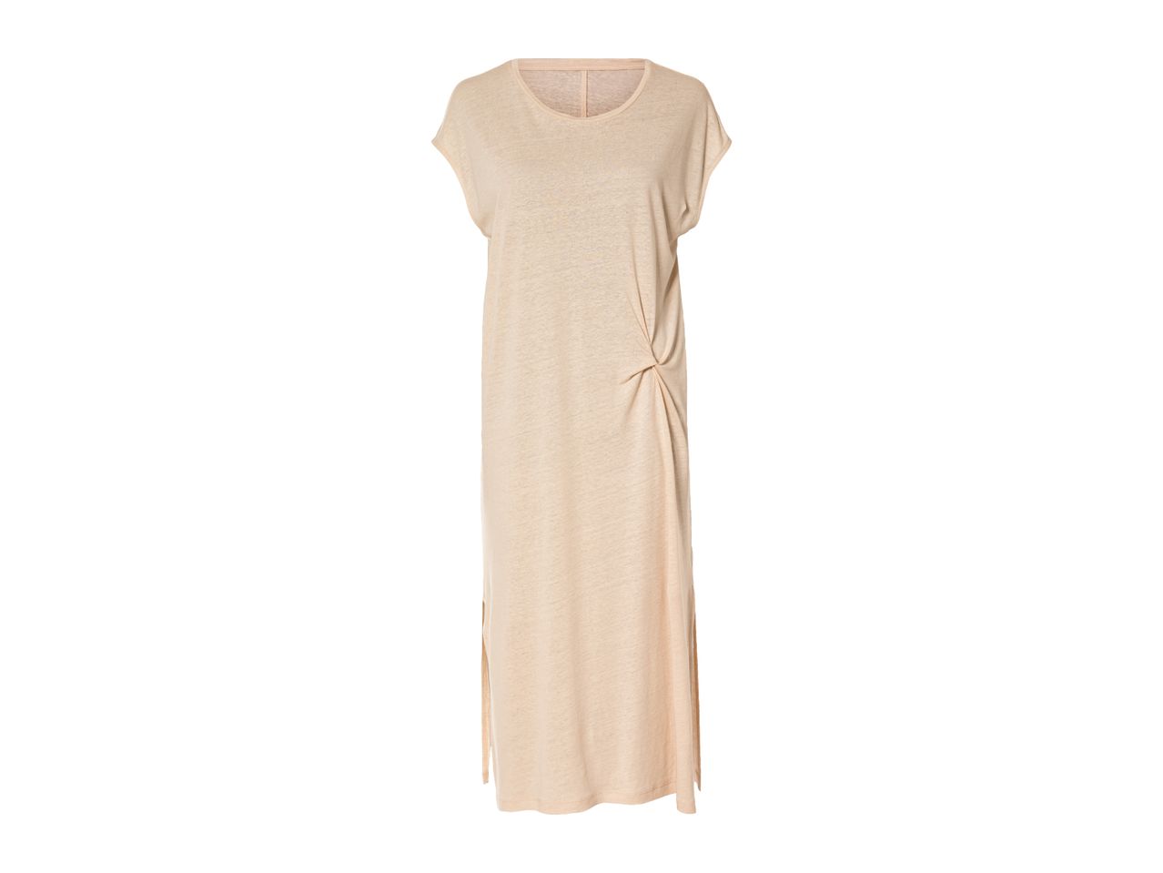 Light beige maxi dress with short sleeves and a knotted detail on the side