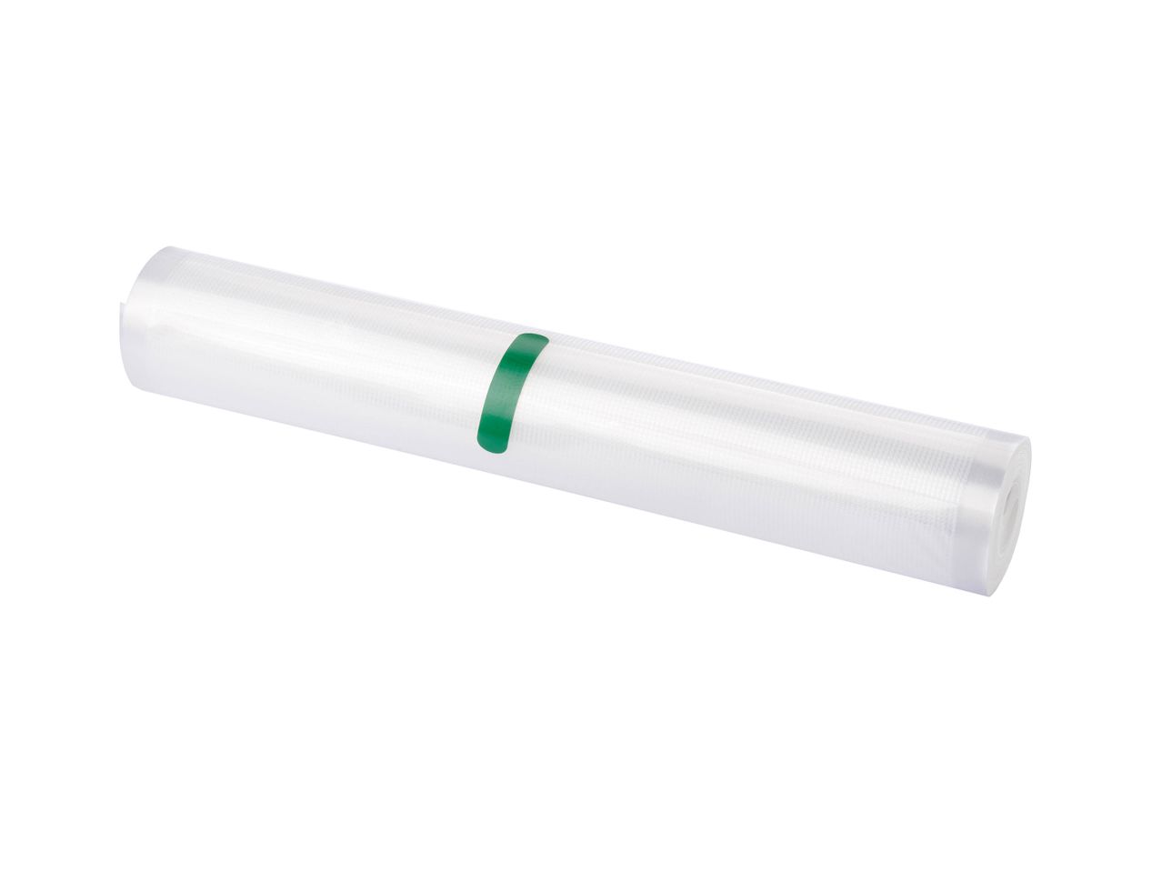 Rouleau de film plastique transparent avec bande verte.
