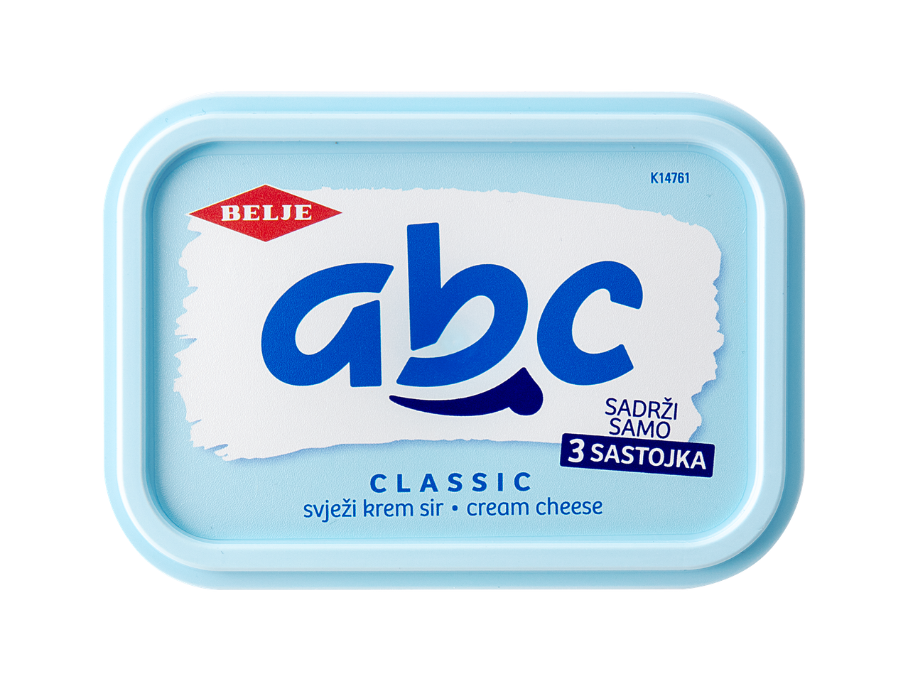 ABC Classic svježi krem sir u plavoj posudi s natpisom 'Sadrži samo 3 sastojka'.