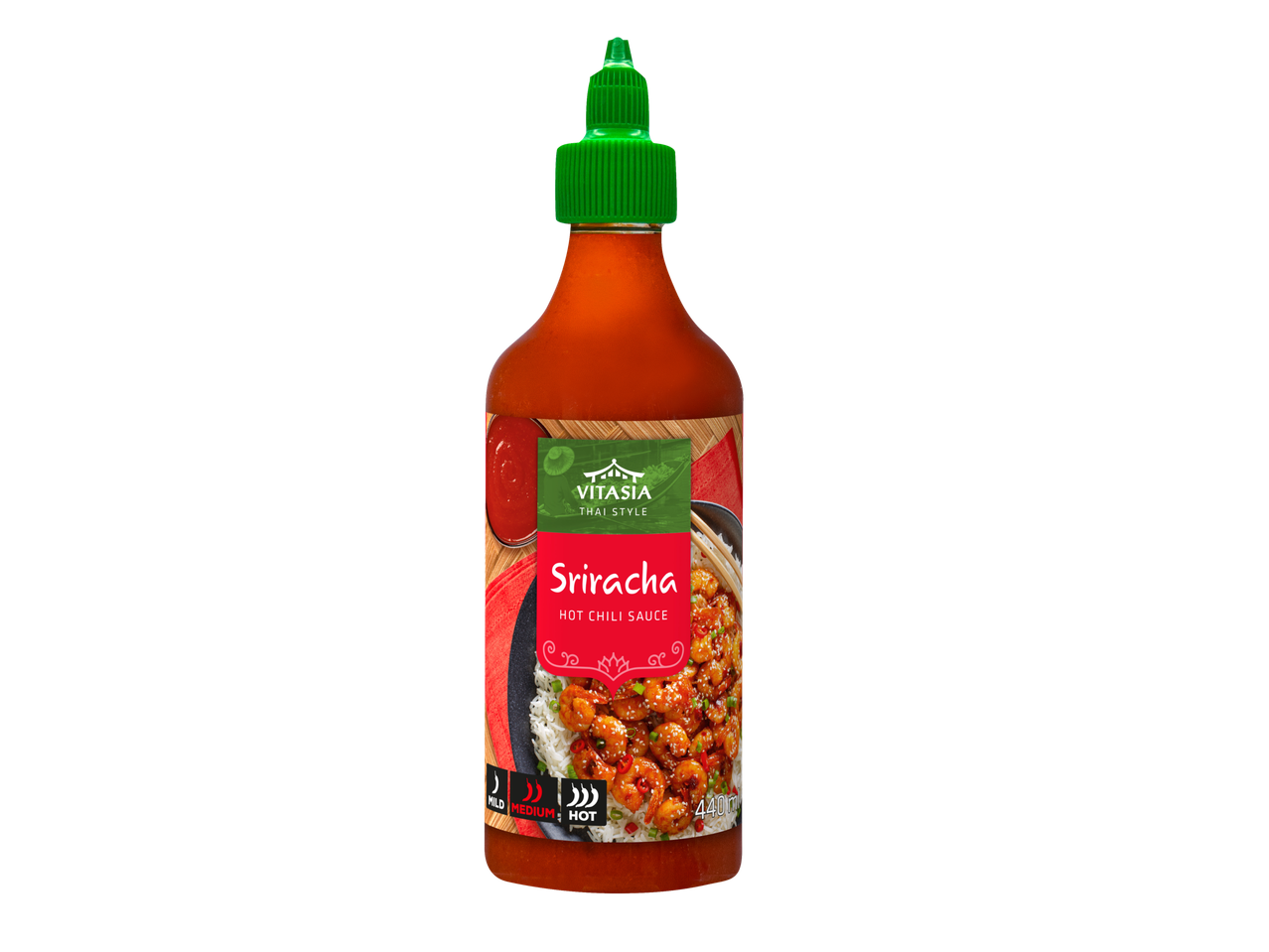 Vitasia Sriracha aštraus čili padažo butelis su krevetėmis ir ryžiais etiketėje