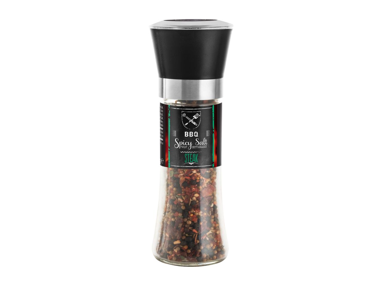 BBQ Spicy Salt Steak seasoning grinder with a black label and mixed spices.