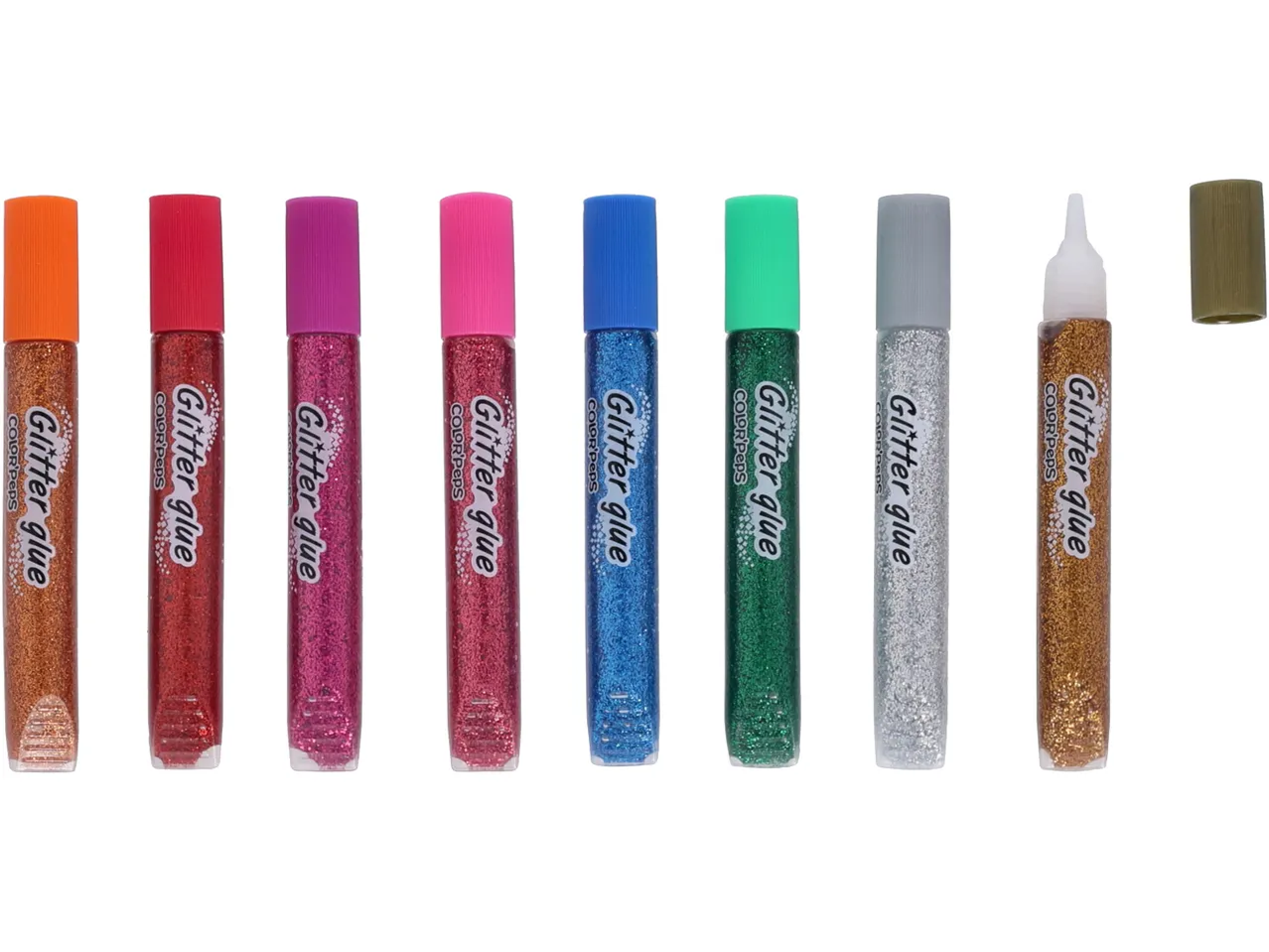Otto tubetti di colla glitterata Color Peps in vari colori, uno aperto.