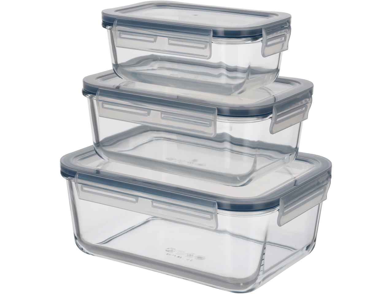 Virnastatavad ristkülikukujulised klaasist toidunõud siniste kaantega.