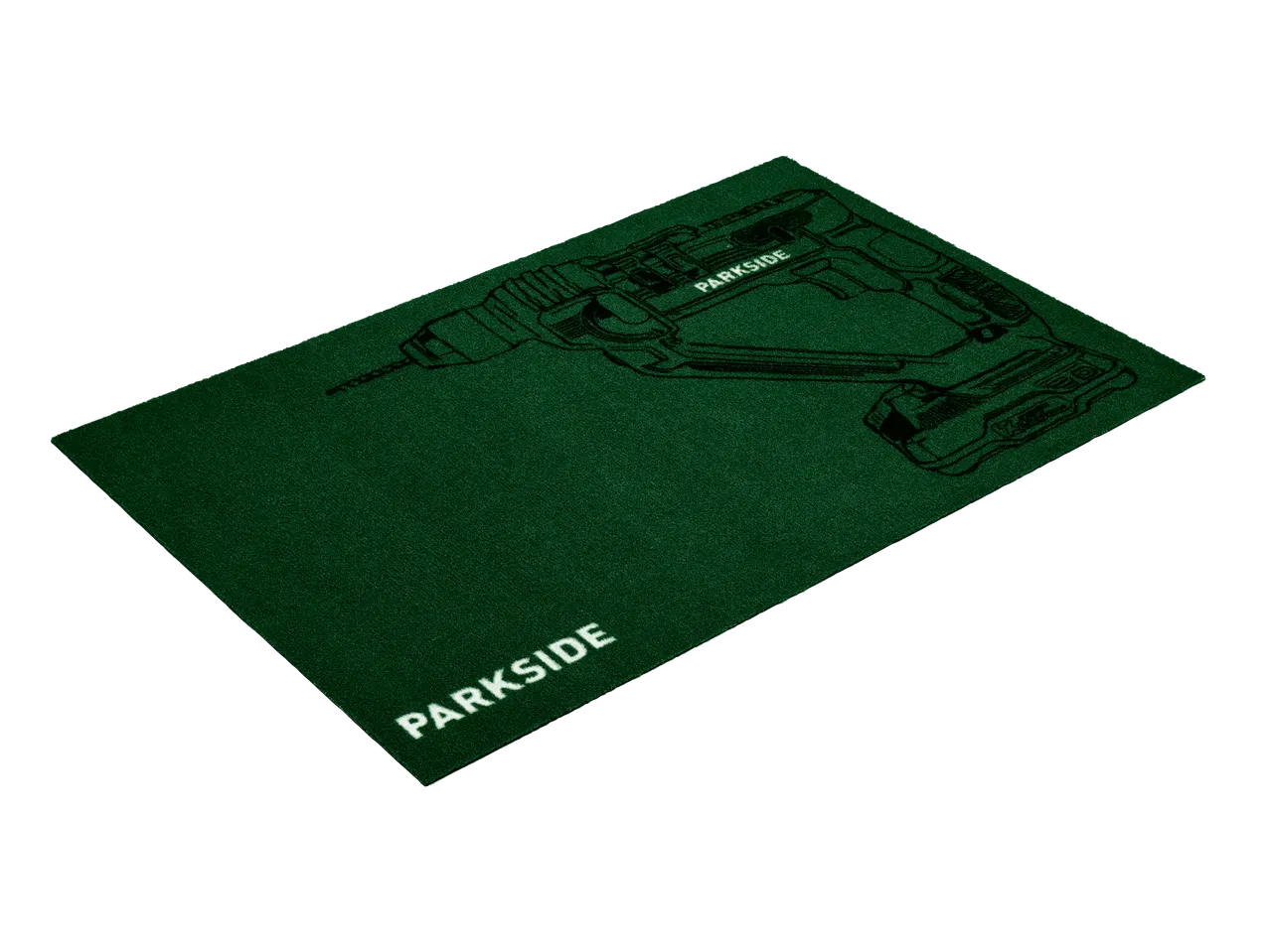 Tappeto verde con logo Parkside e contorno di un trapano.