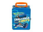 Blue metal lunchbox with Hot Wheels cars and 'Challenge Your Limits' text