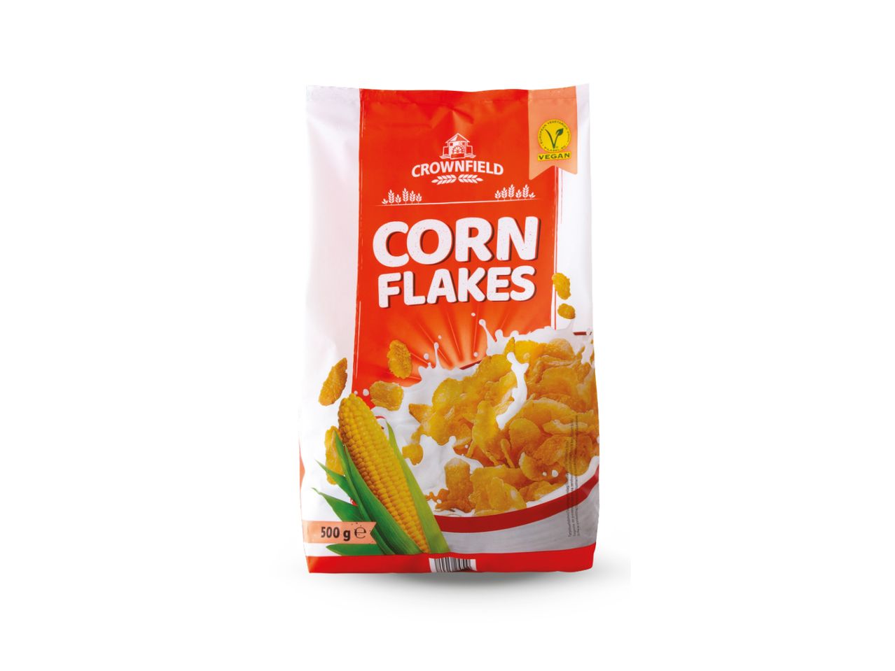 Pakiranje Crownfield kukuruznih pahuljica s prikazom kukuruza i pahuljica s mlijekom.
