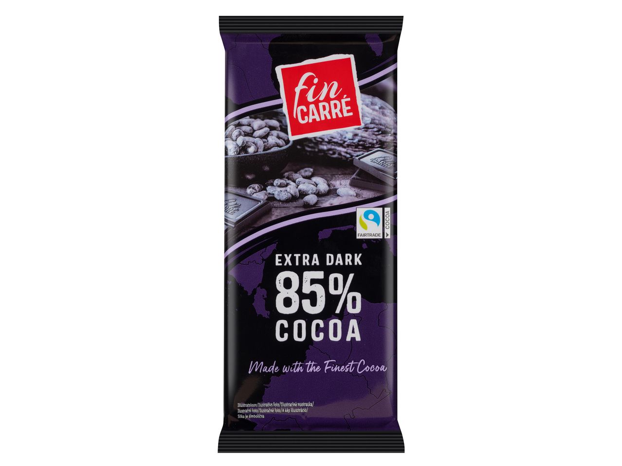 Fin Carré Extra Dark 85% kakaótartalmú étcsokoládé Fairtrade logóval.
