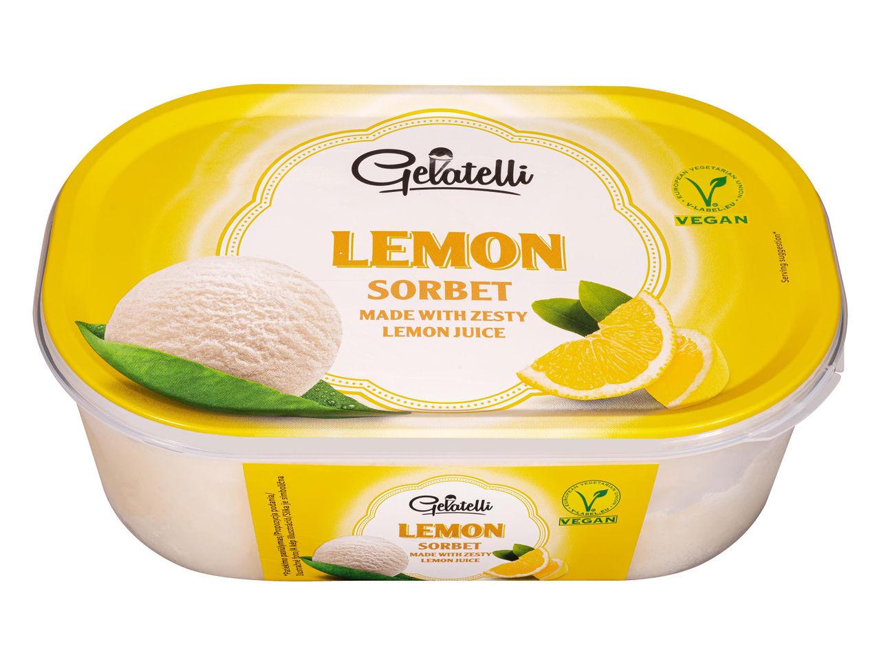 Gelatelli citrom sorbet jégkrém, vegán, sárga csomagolásban.
