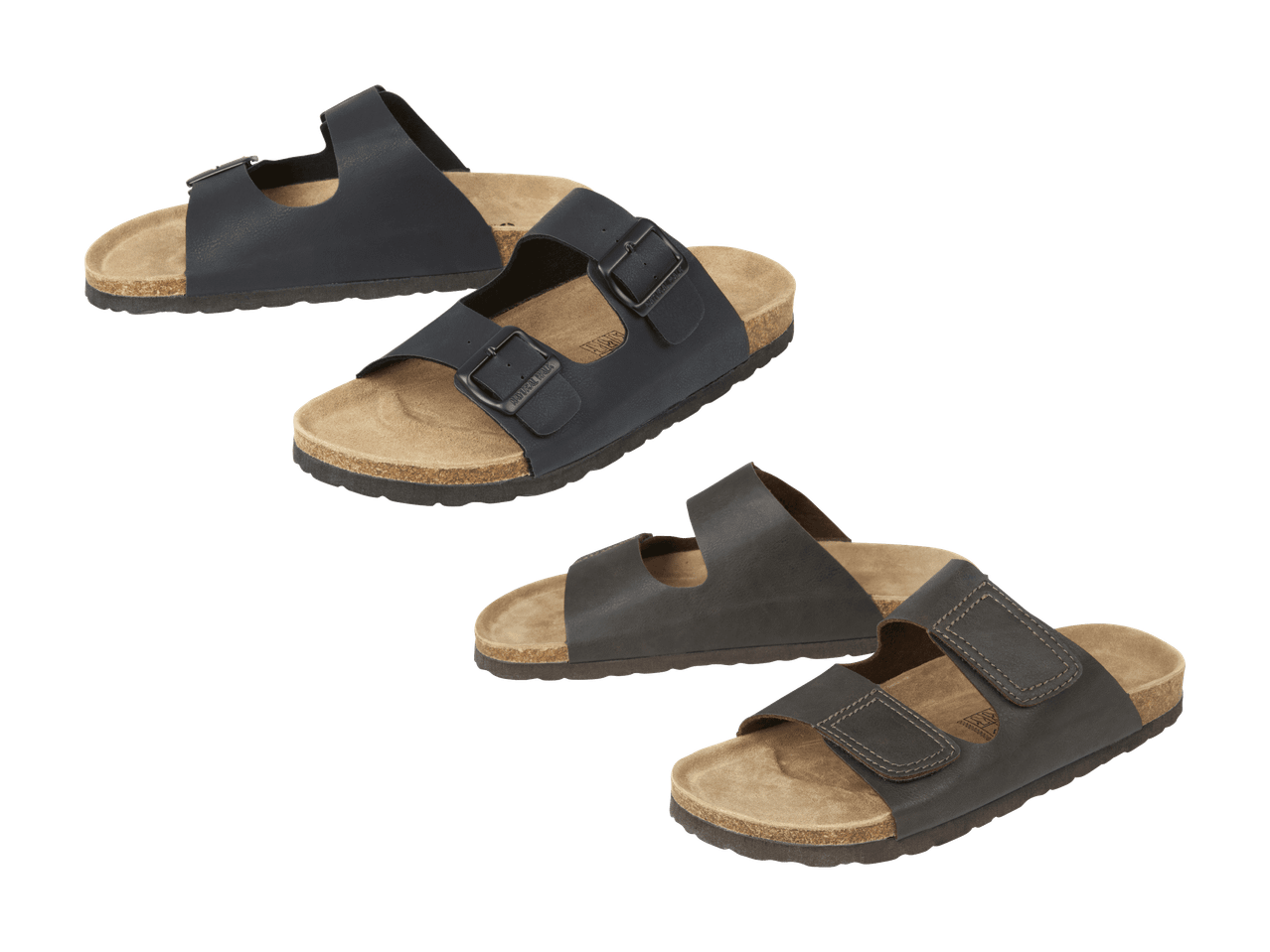 Drei Paar dunkle Ledersandalen für Herren mit Korksohlen.
