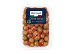 A clear plastic container of spicy green olives with red pepper pieces.