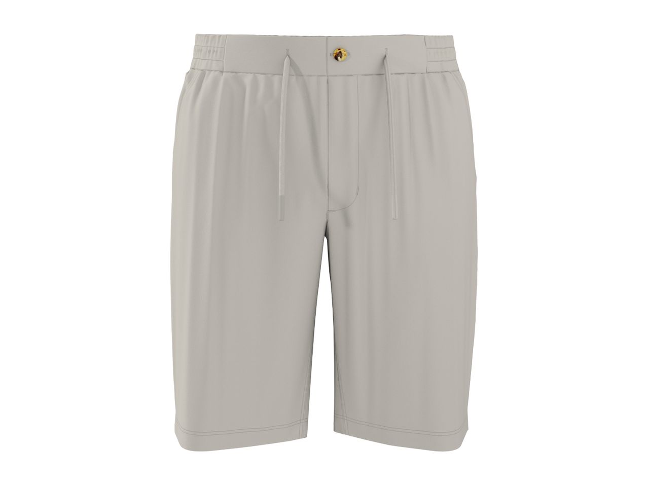 Light grey men's shorts with an elasticated waist, drawstring, and a single button closure.