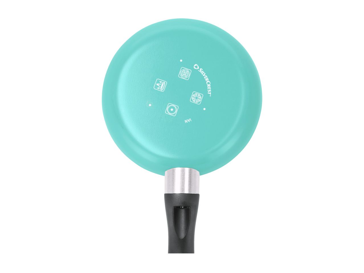 Underside of a turquoise frying pan with various cooking hob compatibility symbols and text.