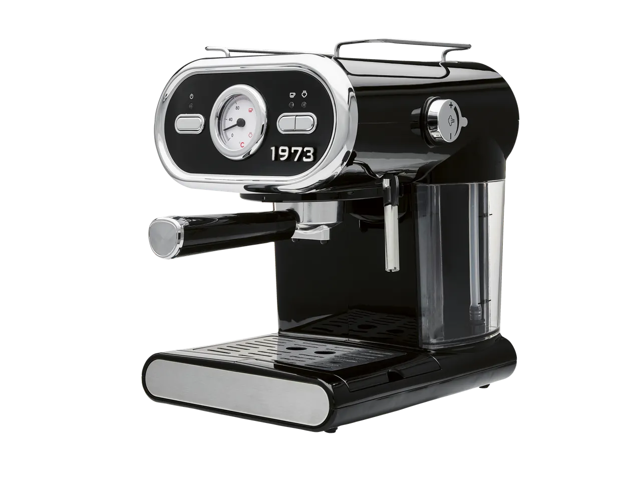 SILVERCREST® Espresso Machine in black and chrome with a pressure gauge and steam knob.