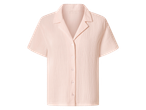 Rózsaszín, rövid ujjú, gombos női ing, gallérral.
