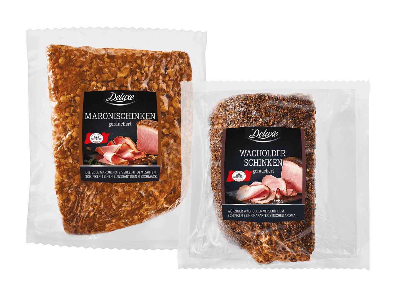 Zwei Packungen geräucherter Schinken, einmal Maronischinken und einmal Wacholderschinken.