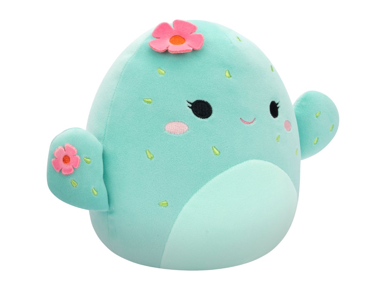 A cute, light teal plush cactus toy with pink flowers.