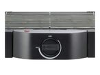 Close-up of a black electric grill with a silver grate and a control knob set to MAX.
