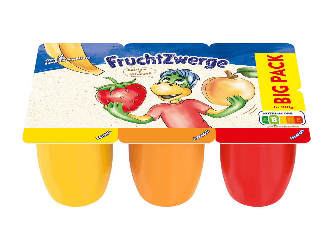 FruchtZwerge Big Pack mit Banane, Aprikose und Erdbeere.