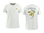 Hvid T-shirt med citronmotiv foran og bagpå, med teksten 'La Dolce Vita' og 'Seize the Day'.