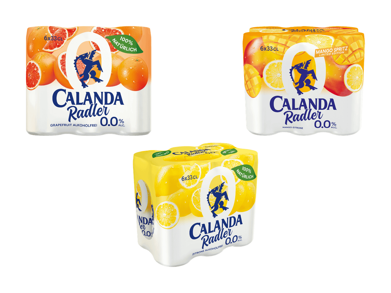 Multipacks alkoholfreier Getränke mit Grapefruit-, Mango-Zitronen- und Zitronengeschmack.