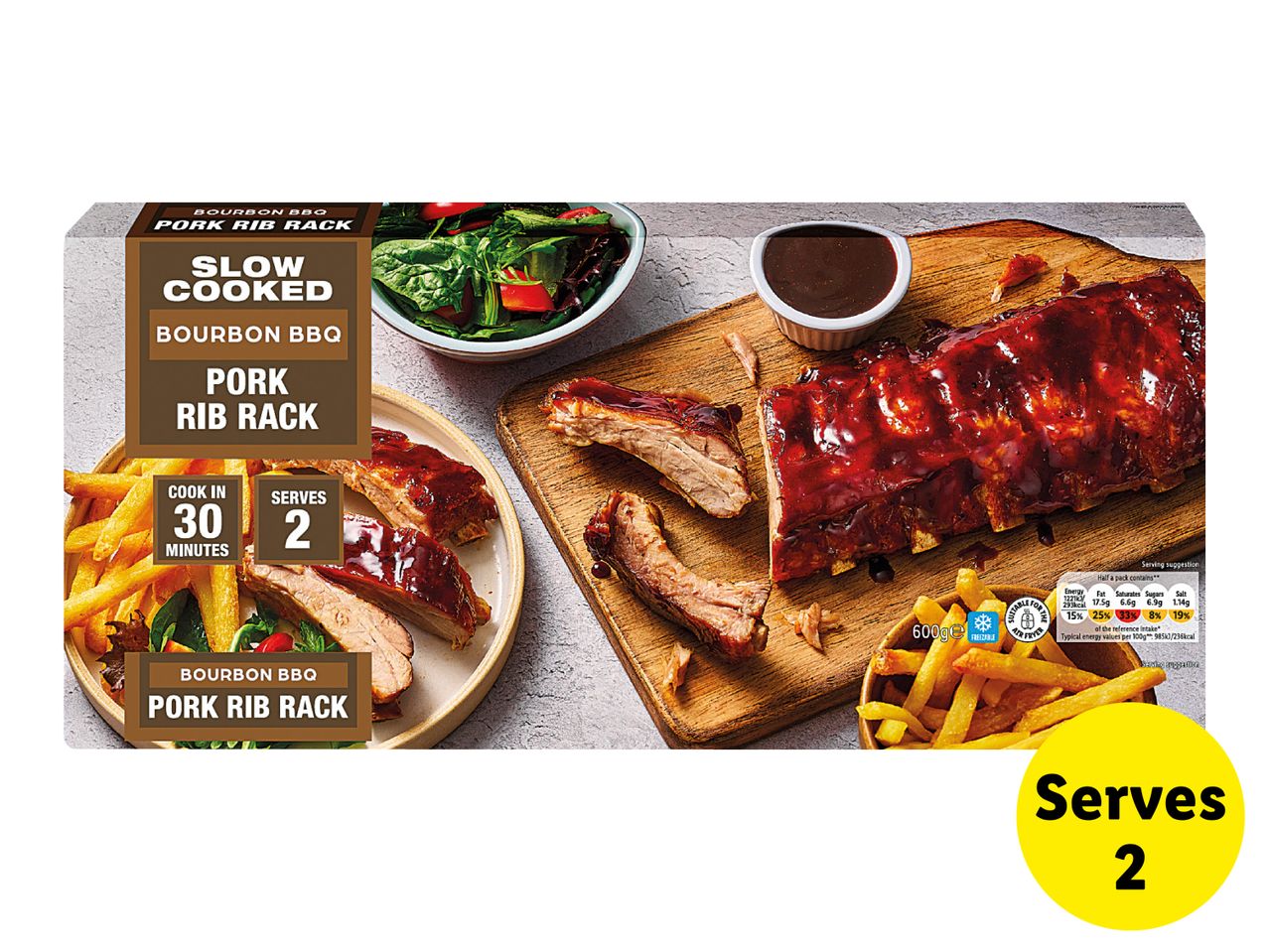 Slow-cooked Bourbon pork rib rack, served with fries and salad, cooks in 30 minutes, serves 2.