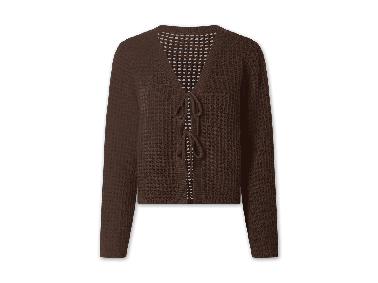 Brauner Strickpullover mit V-Ausschnitt und Schnürung
