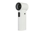 White handheld fan with black buttons and a circular vent