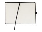 Open black notebook with blank pages and a black ribbon bookmark.