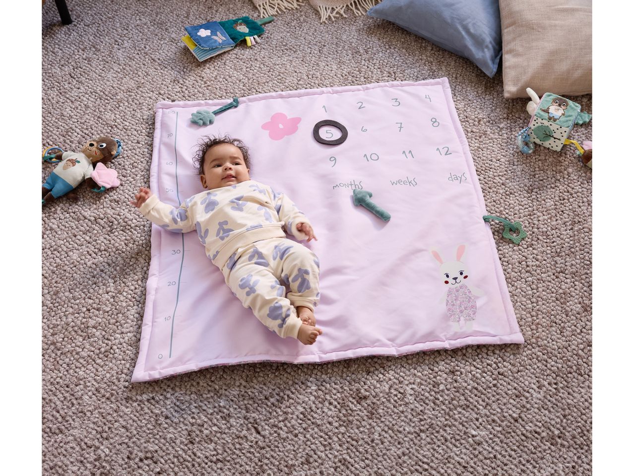 A baby lies on a Baby Milestone Blanket with growth chart, surrounded by toys.