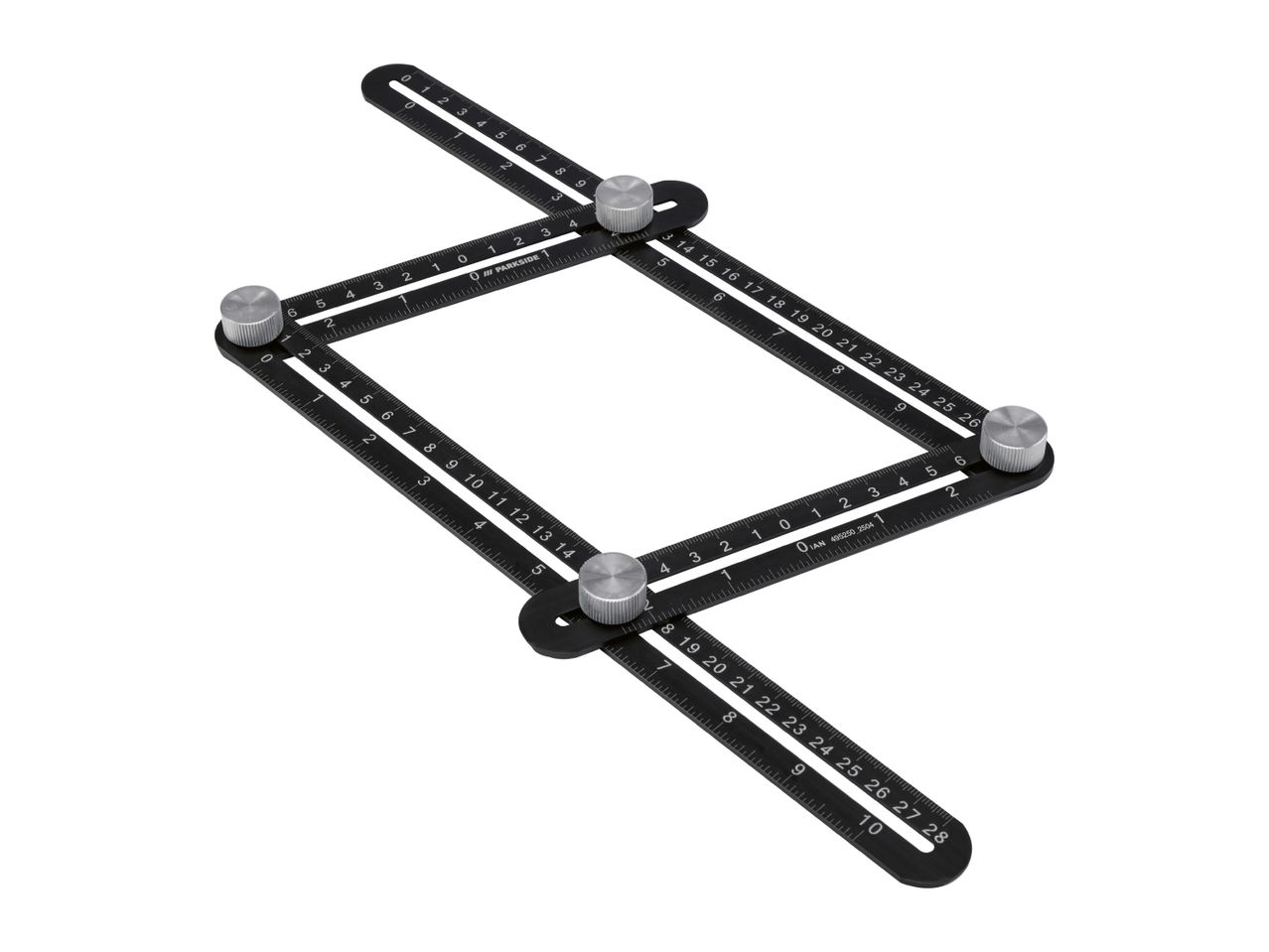 Black multi-angle measuring ruler with silver knobs, showing measurements in centimeters.