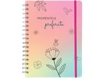 Caiet spirală cu design pastelat cu flori și păsări.