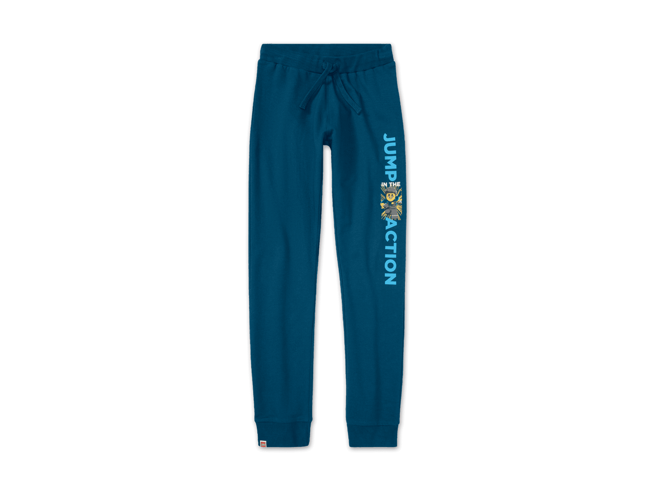 Blaue Jogginghose mit „JUMP IN THE ACTION“-Aufschrift und Lego-Figur