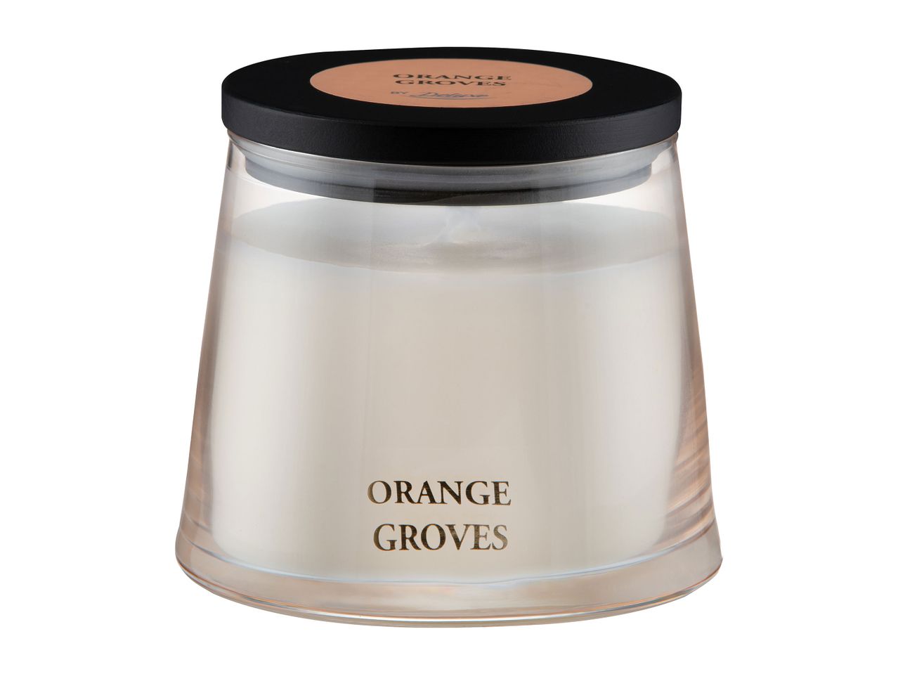 Deluxe Orange Groves scented candle in a glass jar.