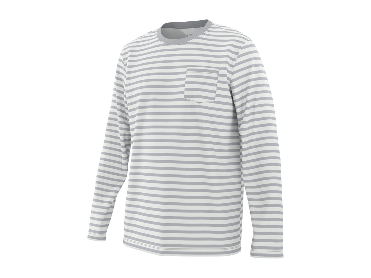 Men's striped long-sleeve t-shirt with a chest pocket.